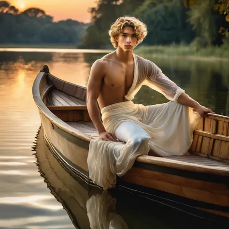 candid an full body photo of prince charming, 23 year old male supermodel, attractive and exotic, short curly blonde hair, a masculine appearance with slender smooth body, delicate and symmetrical face, natural olive skin tone, inspired by John William Wat...