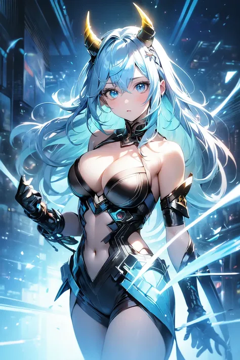 (masterpiece, best quality:1.2), (absurdres, highres, ultra-detailed), (perfect anatomy), realistic, 1girl, blue hair, horns, multicolored eyes, glowing, blue eye, yellow eye, bare shoulders, light particles, light rays, wallpaper