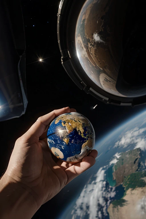 hand holding marble-size earth in space