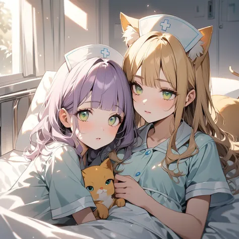 (Cute 2 girls:1.5), (masterpiece:1.3), anime visual, (one Girl lying in hospital bed, pale purple hair, blunt bangs, green eyes,pajamas,:1.3 ), (other girl: Nurse hat with yellow cat ears, yellow nurse uniform, short blonde hair, golden eyes, holding a big...