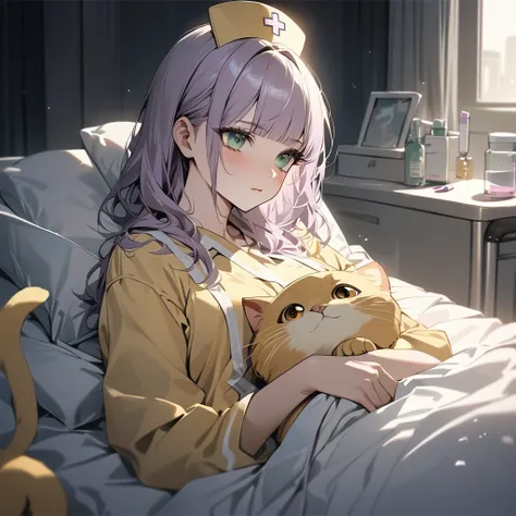 (Cute 2 girls:1.5), (masterpiece:1.3), anime visual, (one Girl lying in hospital bed, pale purple hair, blunt bangs, green eyes,pajamas,:1.3 ), (other girl: Nurse hat with yellow cat ears, yellow nurse uniform, short blonde hair, golden eyes, holding a big...