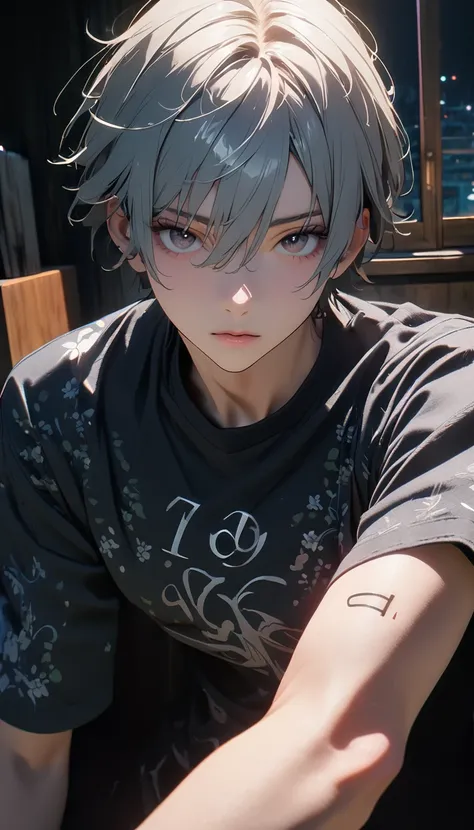 (8K, RAW photos, best quality, masterpiece: 1.4), (((Countdown marks appear on the forearm)))，Ultra-high resolution, Extremely detailed, light, closeup of arms, Handsome man, black eyes, (delicate eyes, Eyes are bright:1.2), Gray short hair, Fair skin,dark...