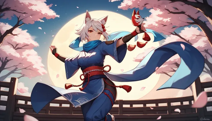 (masterpiece, best quality:1.2), 1girl, solo,Wolf girl, fox mask, ninja, girl, long white hair, odd eyes, blue kimono, ninja girl, red and blue scarf,Dancing Cherry Blossoms,Full moon backlighting, light coming in, fantastic atmosphere.