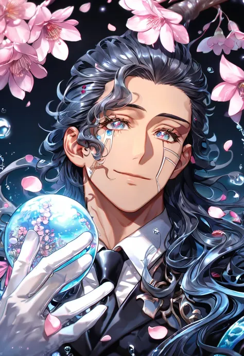 Ultra detailed, highres, absurdres, HDR, master piece, Tiky Mikk, dark wavy hair, slicked back hair, expressive amber eyes, tanned skin, black clothes, black necktie, white gloves, D.Gray-Man, fantasy, pink petals, water, pink flowers, handsome, sexy man, ...