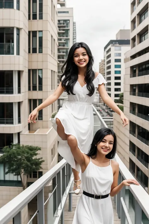 A girl balancing on a railing of a building with black hair in a simple white dress smiling with her hand stretched out in front of her as if she wanted to invite someone to join her, loose black hair