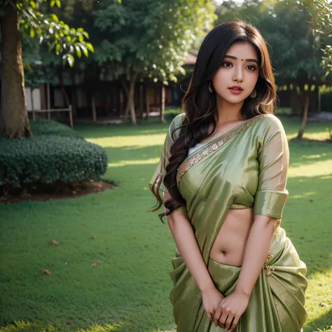 (((desi girl))), chubby face, natural skin, wearing bhue bridal saree, charming black hair, ((hair ends are blonde)), greenary village background, bokeh