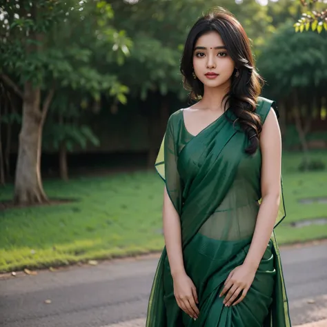 (((desi girl))), chubby face, natural skin, wearing bhue bridal saree, charming black hair, ((hair ends are blonde)), greenary village background, bokeh