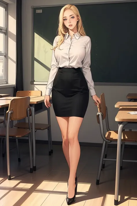 1 female, long blonde hair, large breast, wearing long sleeve white shirt, black pencil skirt((black color skirt only)), black h...