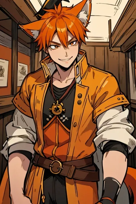 An orange haired fox man with orange eyes and orange fox ears and an orange fox tail in a pirates outfit is  counting gold in his captain cabins on a pirate ship with a smile