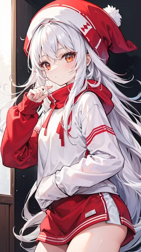 Girl with long white hair wearing a red beanie and a white sweatshirt