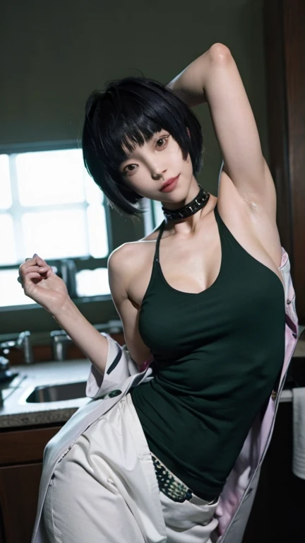 tae takemi, dark green tanktop, lab coat, colar neck, hanging breasts, bent over, slender breasts, bent forward, smile, big breasts, armpits visible