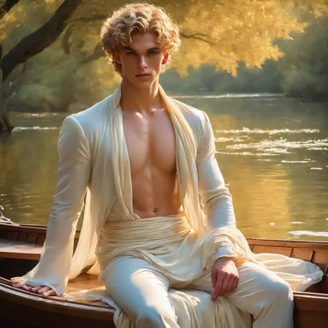 candid an full body photo of prince charming, 23 year old male supermodel, attractive and exotic, short curly blonde hair, a masculine appearance with slender smooth body, delicate and symmetrical face, natural olive skin tone, inspired by John William Wat...