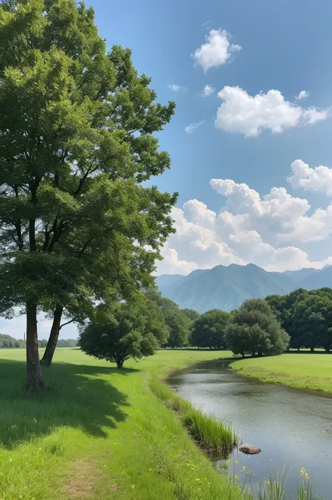 Grass and trees are blowing in the strong wind on the vast grassland。A meadow with a stream、Nobody is here、There is no one、Landscape painting、No person required、No building required、Only trees and grass are needed