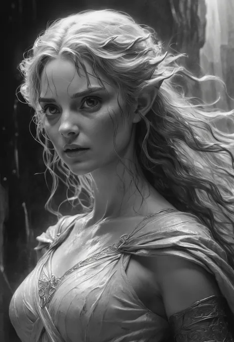 stunning black and white graphite sketch of Grima, close-up shot, from The Lord Of The Rings trilogy, in dynamic pose, by Anna Razumovskay, (by Alyssa Monks:1.1), by Joseph Lorusso, by Lilia Alvarado, beautiful lighting, sharp focus, 8k, high res, (pores:0...