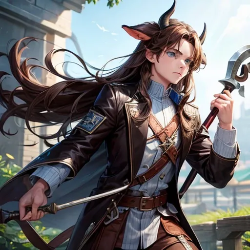 A boy with long brown hair and blue eyes and cow horns is holding a battle axe.　　Cow earless　　Wearing a jacket　