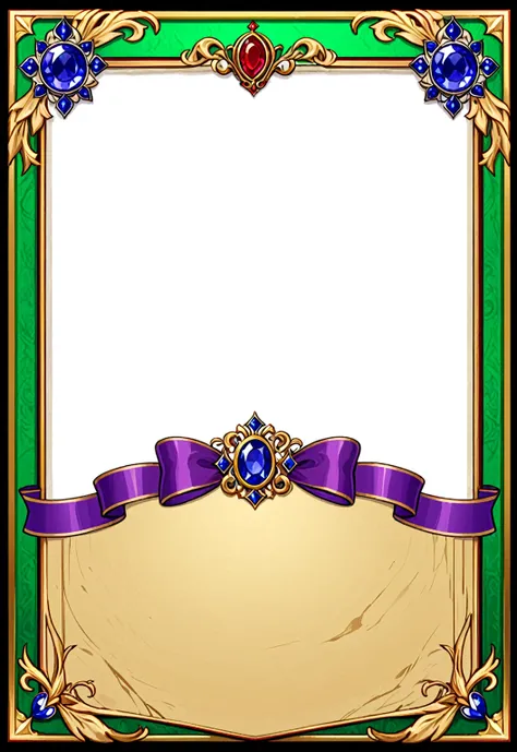 A card border UI，Medieval European aristocracy design，Noble and elegant dark style，There is a lavender ribbon in the middle with the card name.，There is a ruby under the bezel，There are sapphires on the left and right corners.。Redwood frame，Parchment backi...