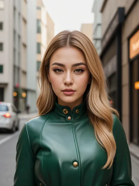 23 y.o, sweet face,yellow eyes,downturned eyes,heart shaped lips,straight eyebrows,raised nose,round face, (best quality,ultra-detailed,photorealistic, non-blurry)  young fashionista Japanese girl wearing green leather jacket, dynamic posing on the street,...