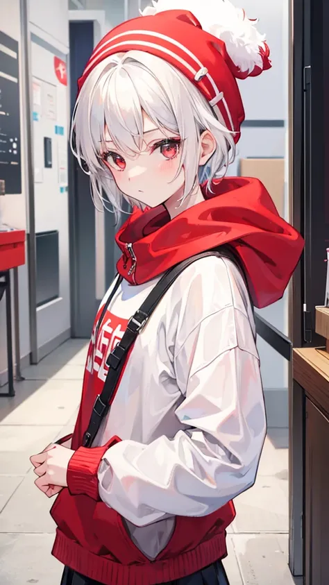 Girl with short white hair wearing a red beanie and a white sweatshirt