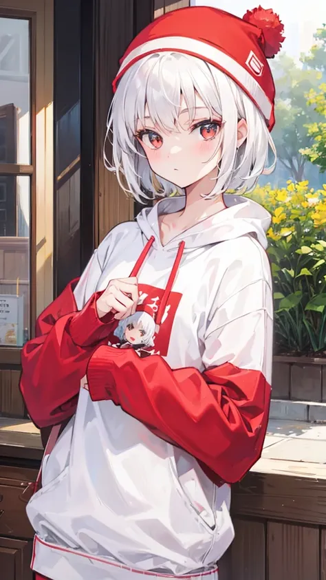 Girl with short white hair wearing a red beanie and a white sweatshirt