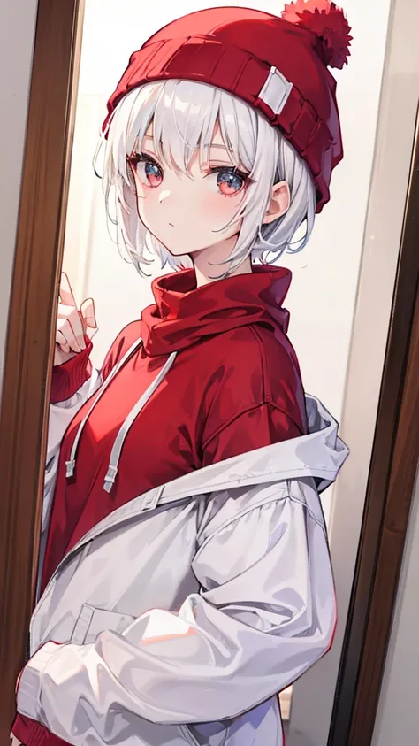 Girl with short white hair wearing a red beanie and a white sweatshirt