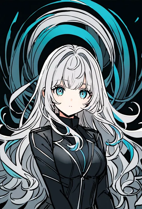 A white-haired woman，Wearing a tight black jacket，Wearing a hat，Mix and match styles，Light gray and light cyan，avant-garde，Soft focus technology，Dark white and dark teal，Soft edges，AR 36：53 --STYLIZE 750 --V 6