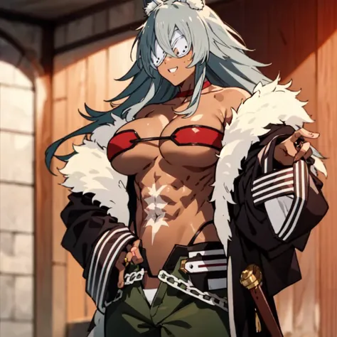 gray hair, gray long hair, ((yellow eyes)), eye patch, (((muscular))), big breasts, happy, (tanned skin), ((black clothes)), sexy, Ghislaine Dedoldia of Mushoku Tensei, fur-trimmed jacket, green pants, open fly, open belt, bikini top only, red choker, cat ...