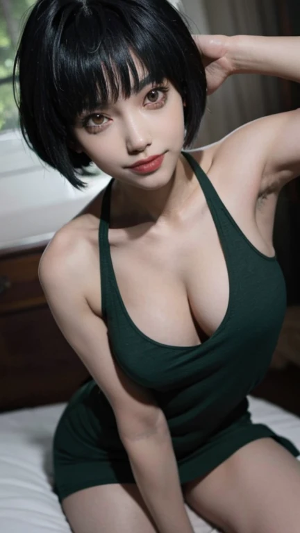 tae takemi, dark green tanktop, lab coat, colar neck, hanging breasts, bent over, slender breasts, bent forward, smile, big breasts, sit on bed