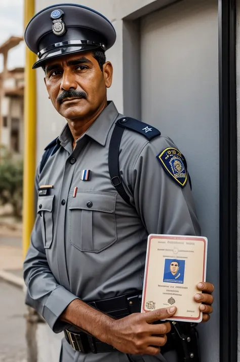 Jaimito the postman from Chavi del 8 with a gray police uniform and a passport in his hand 