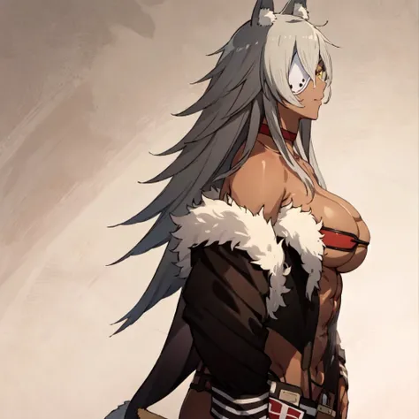 gray hair, gray long hair, ((yellow eyes)), eye patch, (((muscular))), big breasts, happy, (tanned skin), ((black clothes)), sexy, Ghislaine Dedoldia of Mushoku Tensei, fur-trimmed jacket, green pants, open fly, open belt, bikini top only, red choker, cat ...