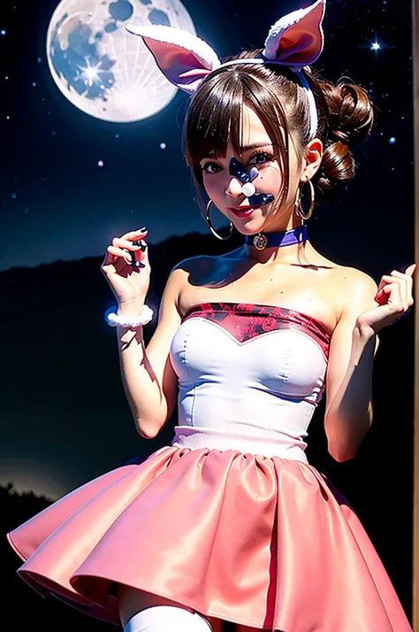 masutepiece, Best Quality, hight resolution, 1girl in, Rabbit, Double bun, Twin-tailed, Parted bangs, circlet, Jewelry, earrings, Choker, Red bow, White Gloves, elbow groves, Blue skirt,  Cowboy Shot, Night, Outdoors, Moon, A smile,normal hands