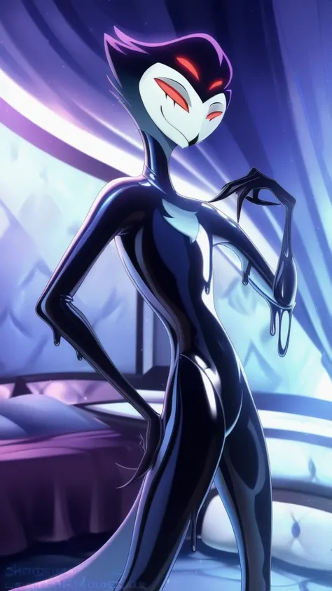 tanraak (style), ((masterpiece)), ((8k quality)), (no watermark), looking at the viewer, stolas, male, mouth closed, detailed bedroom, standing, one hand on his hip, other hand at his side, (solo:1.4), sleek, slimy latex suit, latex, goo,