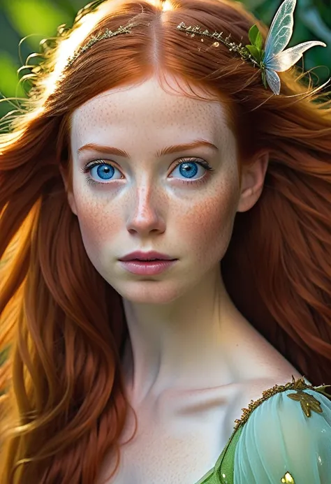 elizabeth holmes as tinker bell, exquisite detail, award winning photography, dramatic lighting, long luxurious light red hair, long red hair and blue eyes, long red hair and big eyes, red flowing hair, silken red hair, long red flaming hair, flowing red h...