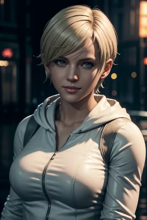 Resident Evil 6,Shelley,Short Hair,Blonde Hair,White hoodie,Cold protection,neck warmer,Photorealistic,Ultra HD,high quality,masterpiece,Digital SLR,Detailed details,Intricate details,Anatomical basis,Depicted in detail,A detailed face,Realistic skin textu...