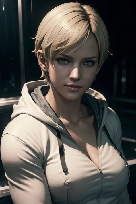 Resident Evil 6,Shelley,Short Hair,Blonde Hair,White hoodie,Cold protection,neck warmer,Photorealistic,Ultra HD,high quality,masterpiece,Digital SLR,Detailed details,Intricate details,Anatomical basis,Depicted in detail,A detailed face,Realistic skin textu...