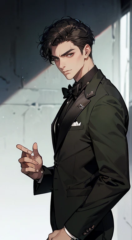 ((a young man in a black suit and tie)), taken in the early 2020s, gotham, alejandro, he looks very sophisticated, (((left side swept bang black short hair))), (dark green eyes and thick eyebrows), smirk. ((20 years old)), ((Black suite and black tie)), ma...