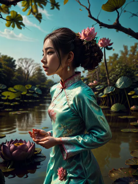 plano general, whole body, ((a detailed beautiful girl with Cheongsam in Cantonese, in profile with a lotus flower in his hands:1.3, It is a type of female dress of Manchu origin used in China, beautiful colors., pink cyan, green:1.5)), detailed eyes, deta...