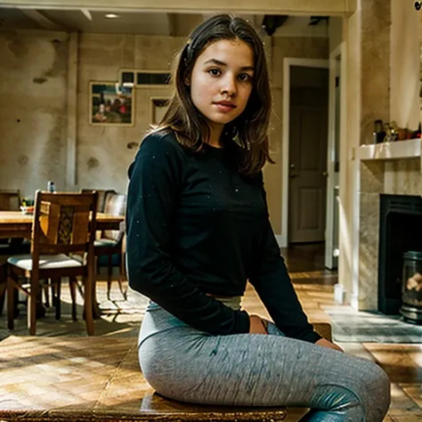 12-year-old girl, in tight legging, sit in a table, in a dining room