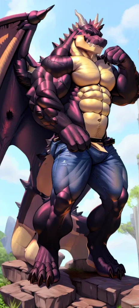 male, anthro, muscle, kemono, dragon, black, scales, wings, horns, tail, shirtless, jeans, standing, smiling, handsome, detailed eyes