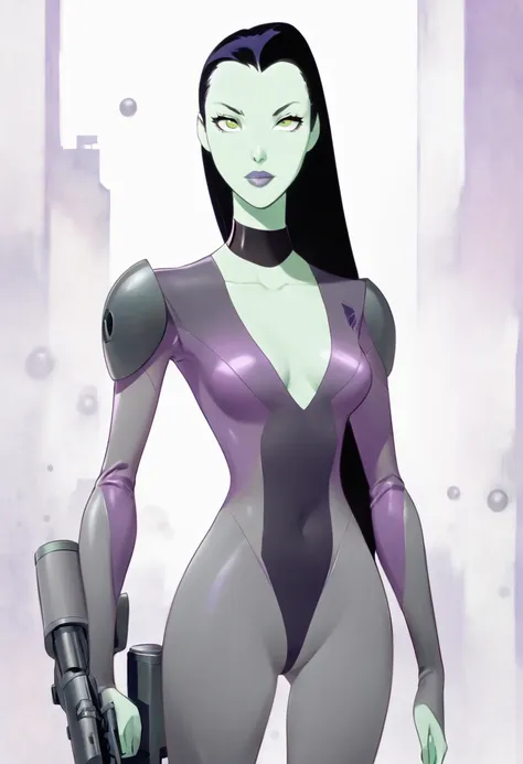 cartoon thin woman, long neck, long black hair, pale green skin, wearing a v-neck collar purple sci-fi body suit .. she is armed...