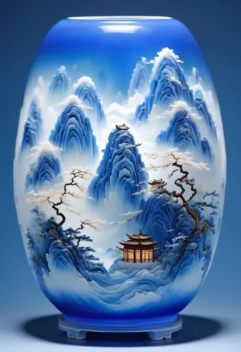 micro landscape design carved on blue and white porcelain vase，translucent glass material,blue-white gradient,traditional chines...