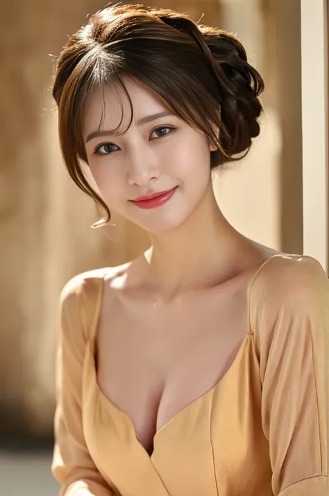 ((Highest quality、8K、High resolution、High resolution:1.3))、1 female、25 year old Japanese woman、(Sit on a chair、Sitting:1.1)、Slim figure、((Medium breast、Bust of average size、Beautifully shaped breasts:1.2))、With a smile、(camisole、淡い色のcamisole:1.3)、Medium Ha...