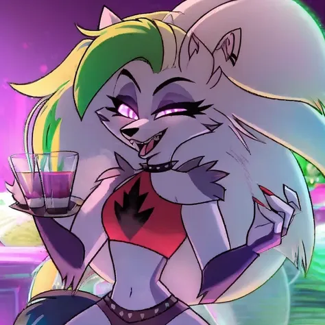 best quality, (roxanne fused with loona and queen bee), solo, furry female, body fur, makeup, sexy clothes  hypnotized with completely glowing purple eyes with no irises or pupils, tongue out, carrying a tray with limonade, full body image