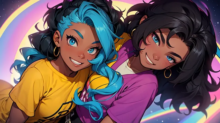 I want a cartoon image with the colors of the lesbian flag measuring 626x417px and in HD of a lesbian couple. They both have very curly and long hair and are happy. one is blacker with light skin than the other, but just a little