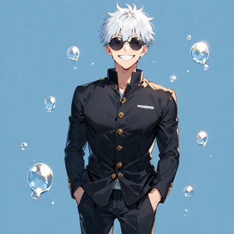 1boy, smile, solo, gojou satoru, male focus, blue background, white hair, hands in pockets, sunglasses, grin, short hair, pants, black pants, jacket, standing, black jacket, facing viewer, round eyewear, long sleeves, , simple background, bangs, feet out o...