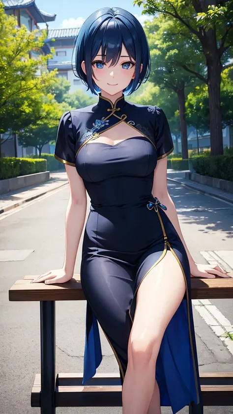 Girl short hair Blue hair Blue eyes Blue matching Smile confidently Correct limbs, black cheongsam, outdoor path background, sitting on bench, back turned, looking over her shoulder 