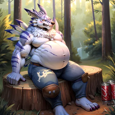 solo, weregarurumon, muscular, muscle gut, round belly, hyper belly, belly inflating, shirtless, jeans, embarrassed, blushing, s...