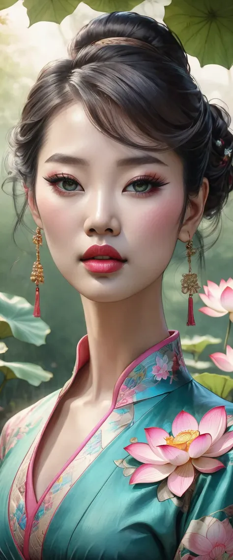 black pencil illustration style, plano general, whole body, ((a detailed beautiful girl with Cheongsam in Cantonese, in profile with a lotus flower in his hands:1.3, It is a type of female dress of Manchu origin used in China, beautiful colors., pink cyan,...