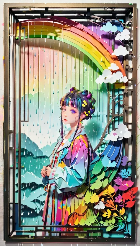 (((paper cutting style))), (frame of illustration is 3D paper cutting: 1.2), (random fashion), (random angle), (random hairstyle), (random hair color), (random hair length), 1 girl, rainbow, rain, unclear