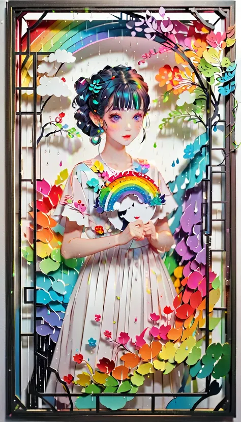 (((paper cutting style))), (frame of illustration is 3D paper cutting: 1.2), (random fashion), (random angle), (random hairstyle), (random hair color), (random hair length), 1 girl, rainbow, rain, unclear