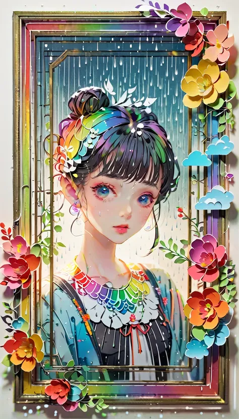 (((paper cutting style))), (frame of illustration is 3D paper cutting: 1.2), (random fashion), (random angle), (random hairstyle), (random hair color), (random hair length), 1 girl, rainbow, rain, unclear